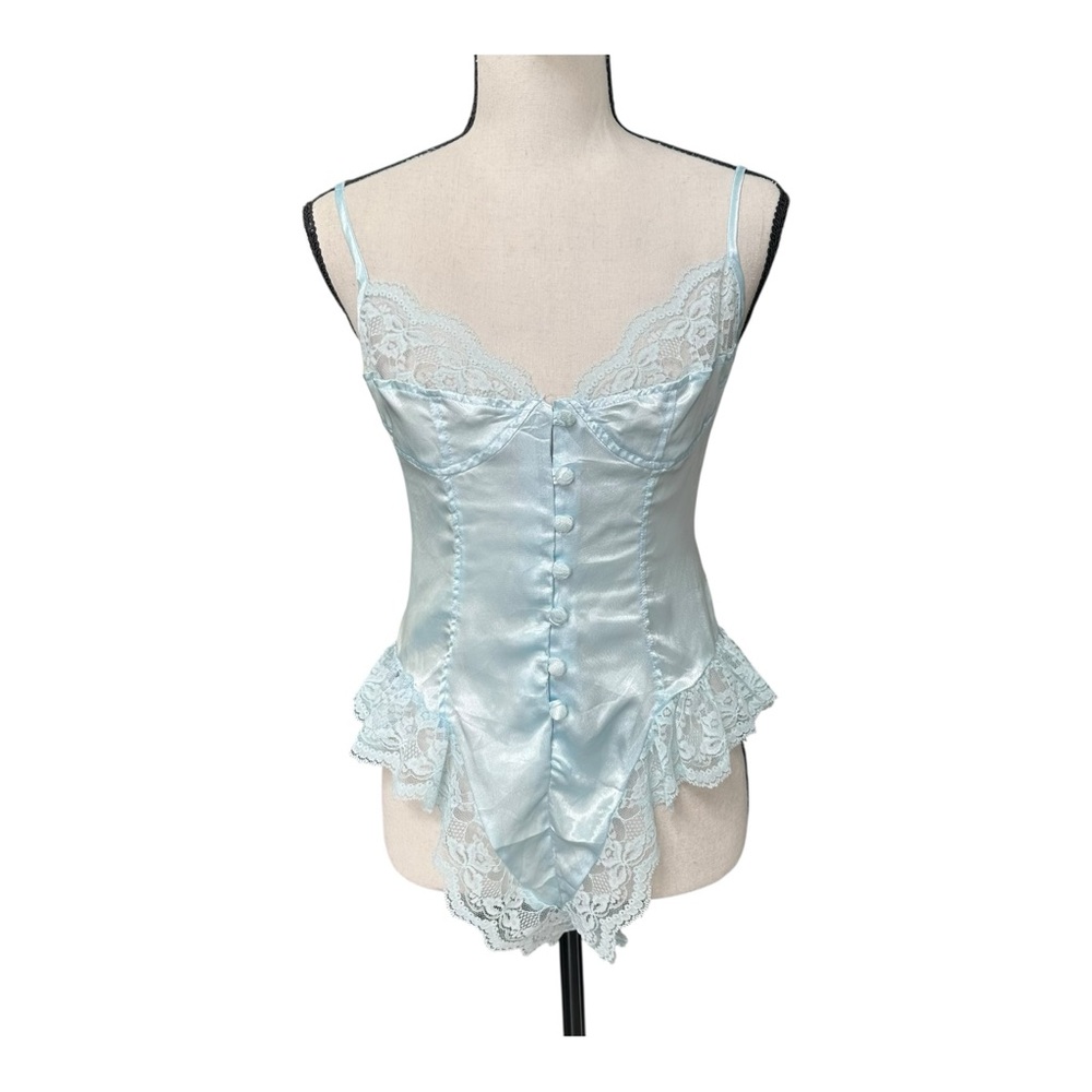 Val Mode Blue Satin Lace Teddy Lingerie Small